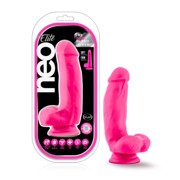 Neo Elite 7in Silicone Dual Density Cock with Balls Neon Pink