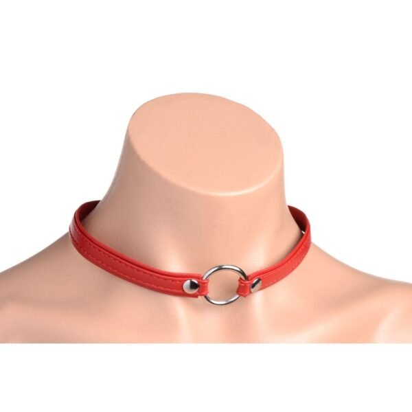 Fiery Pet Leather Choker w Silver Ring Red - Image 5