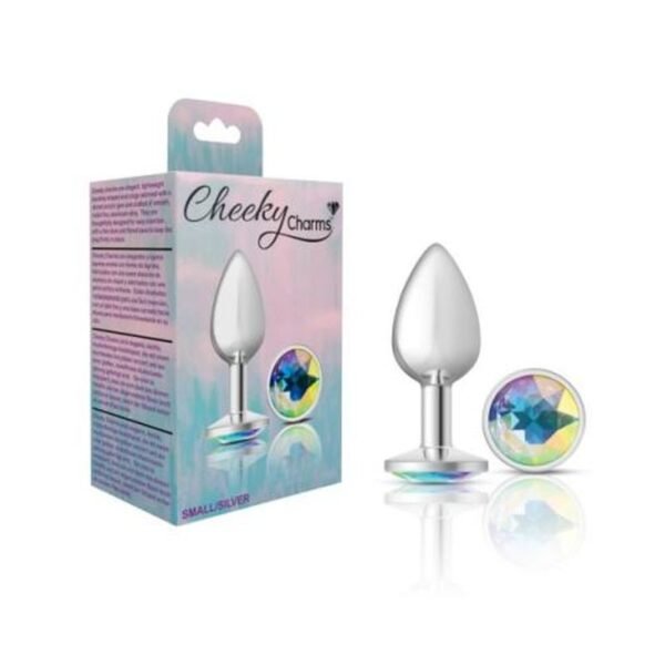 Cheeky Charms Silver Round Butt Plug w Clear Iridescent Jewel Small - Image 2