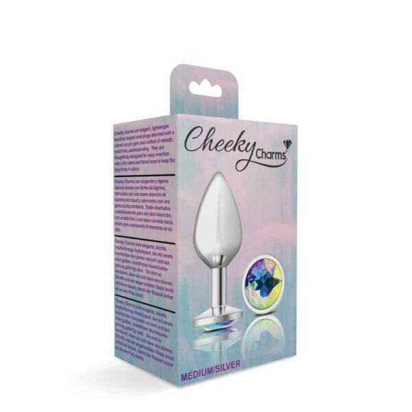 Cheeky Charms Silver Round Butt Plug w Clear Iridescent Jewel Medium - Image 2