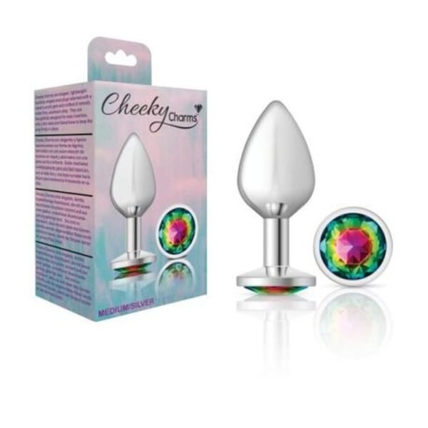 Cheeky Charms Silver Round Butt Plug w Rainbow Jewel Medium - Image 2