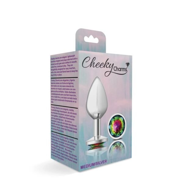 Cheeky Charms Silver Round Butt Plug w Rainbow Jewel Medium - Image 3