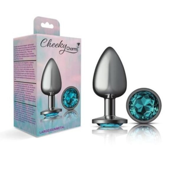 Cheeky Charms Gunmetal Round Butt Plug w Teal Jewel Large - Image 3