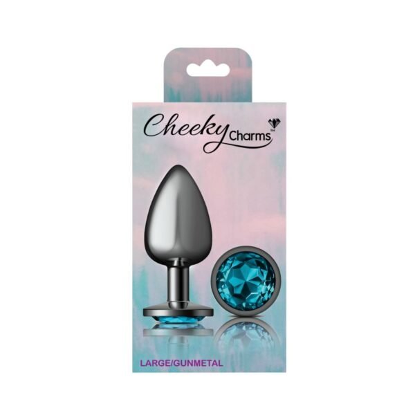 Cheeky Charms Gunmetal Round Butt Plug w Teal Jewel Large - Image 4