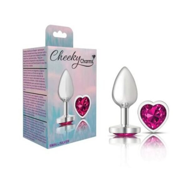 Cheeky Charms Silver Metal  Butt Plug w Heart Pink Jewel Small - Image 3