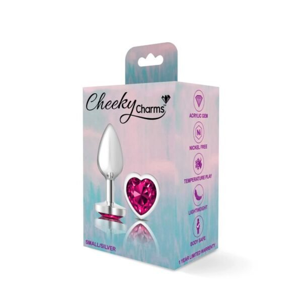 Cheeky Charms Silver Metal  Butt Plug w Heart Pink Jewel Small - Image 4