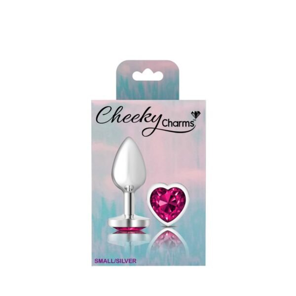 Cheeky Charms Silver Metal  Butt Plug w Heart Pink Jewel Small - Image 5