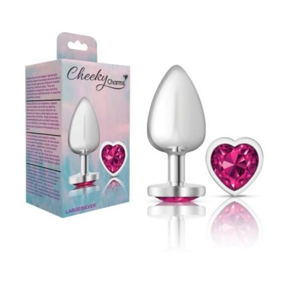 Cheeky Charms Silver Metal  Butt Plug w Heart Pink Jewel Large - Image 3