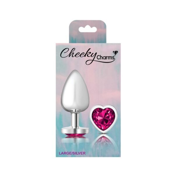 Cheeky Charms Silver Metal  Butt Plug w Heart Pink Jewel Large - Image 4