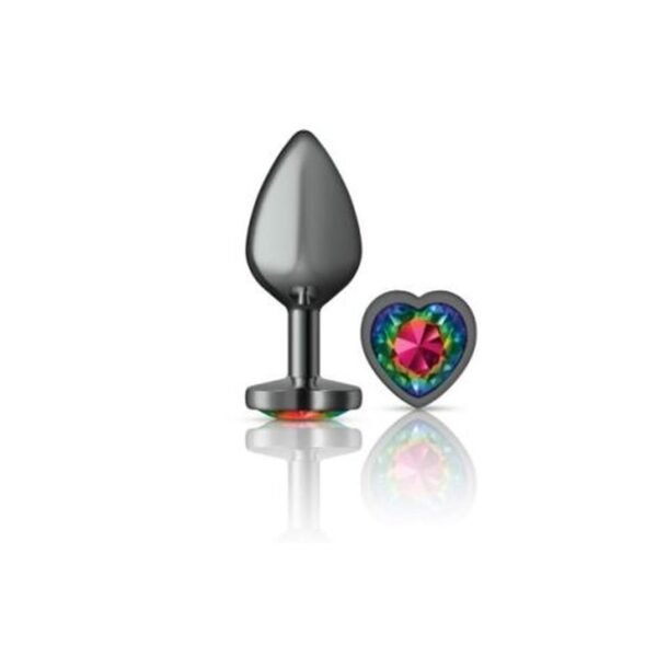 Cheeky Charms Gunmetal  Butt Plug w Heart Rainbow Jewel Medium - Image 2