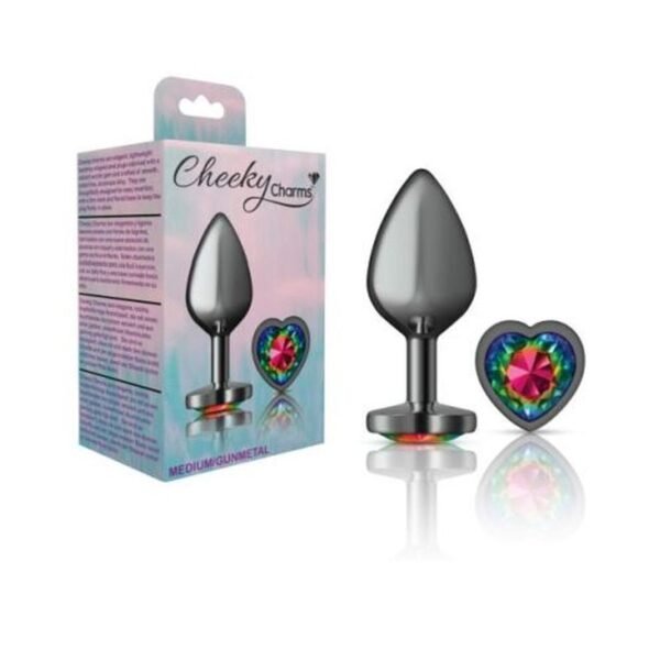 Cheeky Charms Gunmetal  Butt Plug w Heart Rainbow Jewel Medium - Image 3