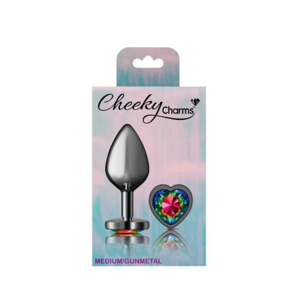 Cheeky Charms Gunmetal  Butt Plug w Heart Rainbow Jewel Medium - Image 4