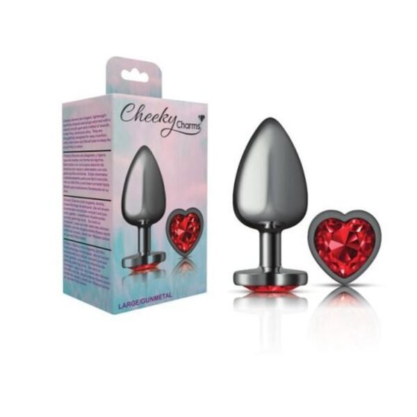 Cheeky Charms Gunmetal  Butt Plug w Heart Red Jewel Large - Image 3