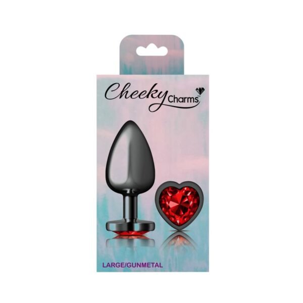 Cheeky Charms Gunmetal  Butt Plug w Heart Red Jewel Large - Image 4