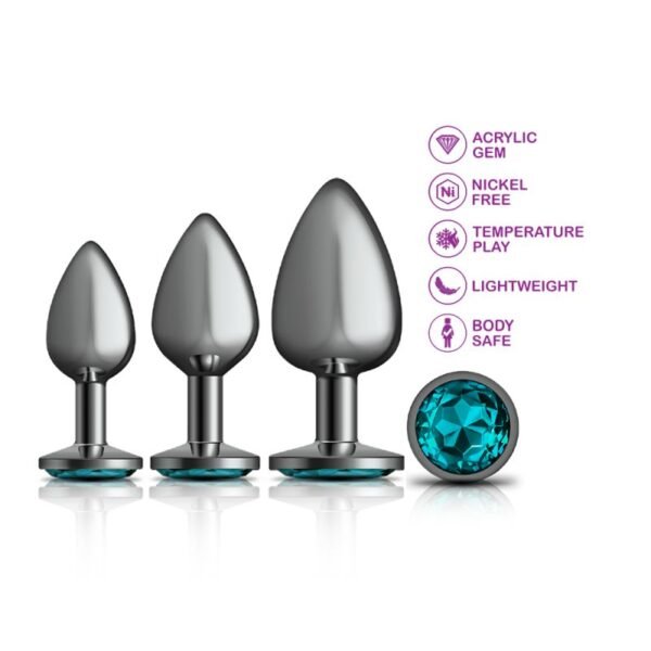 Cheeky Charms Round Metal Butt Plug Gunmetal 3 Pc Kit w Teal Jewel - Image 2