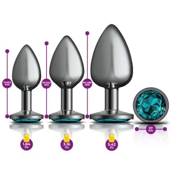 Cheeky Charms Round Metal Butt Plug Gunmetal 3 Pc Kit w Teal Jewel - Image 3