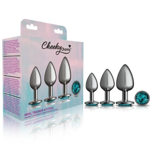 Cheeky Charms Round Metal Butt Plug Gunmetal 3 Pc Kit w Teal Jewel - Image 4